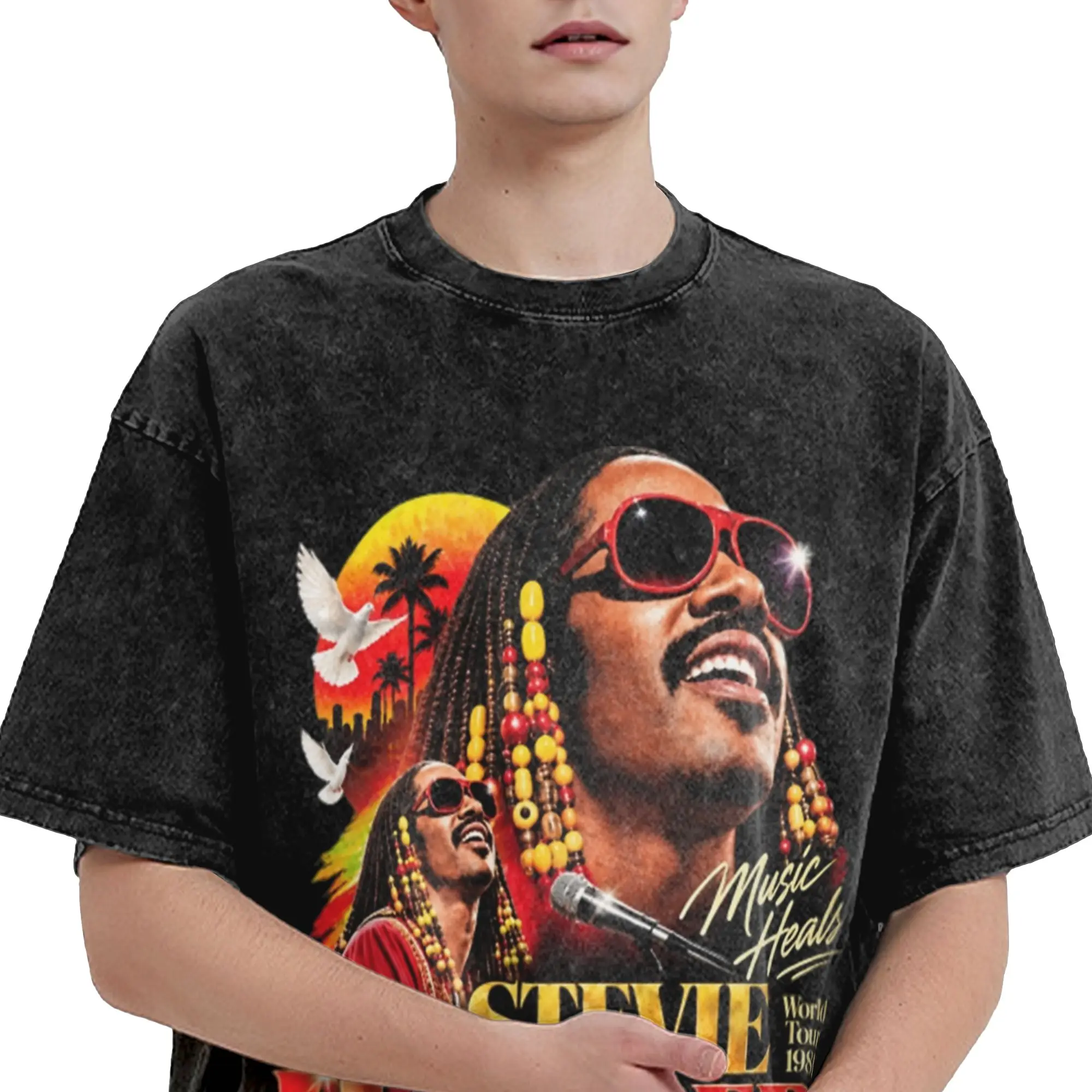 Harajuku Washed Shirts Stevie Wonder Songs in The Key of Life 50th Anniversary Tour  Outfit Vintage T Shirt Oversize  Streetwear