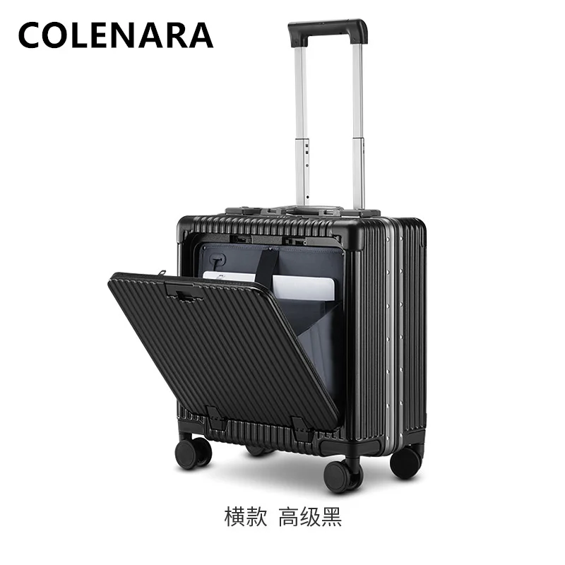 

COLENARA ABS+PC Luggage Front Opening Laptop Boarding Case Aluminum Frame Trolley Case USB Charging 18 Inch Carry-on Suitcase