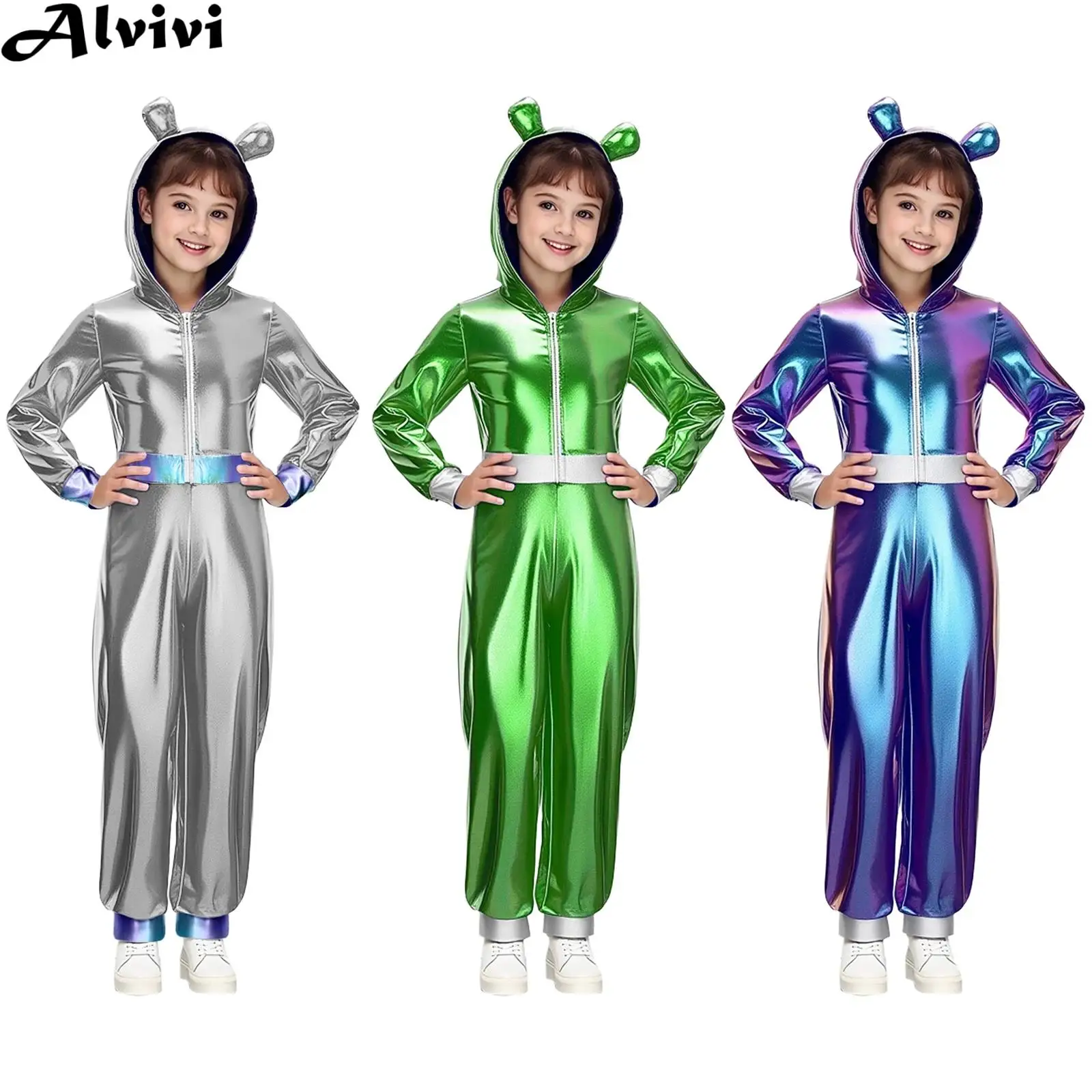 Costume cosplay da astronauta per bambini unisex a maniche lunghe con cerniera metallizzata lucida spazio alieno tuta con cappuccio robot festa a tema Halloween