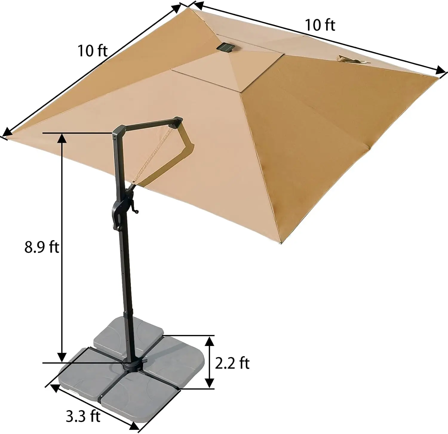 10x10ft Solar Powered LED Cantilever Patio Umbrella Square Deluxe Offset Umbrella 360° Rotation & Integrated Tilting System