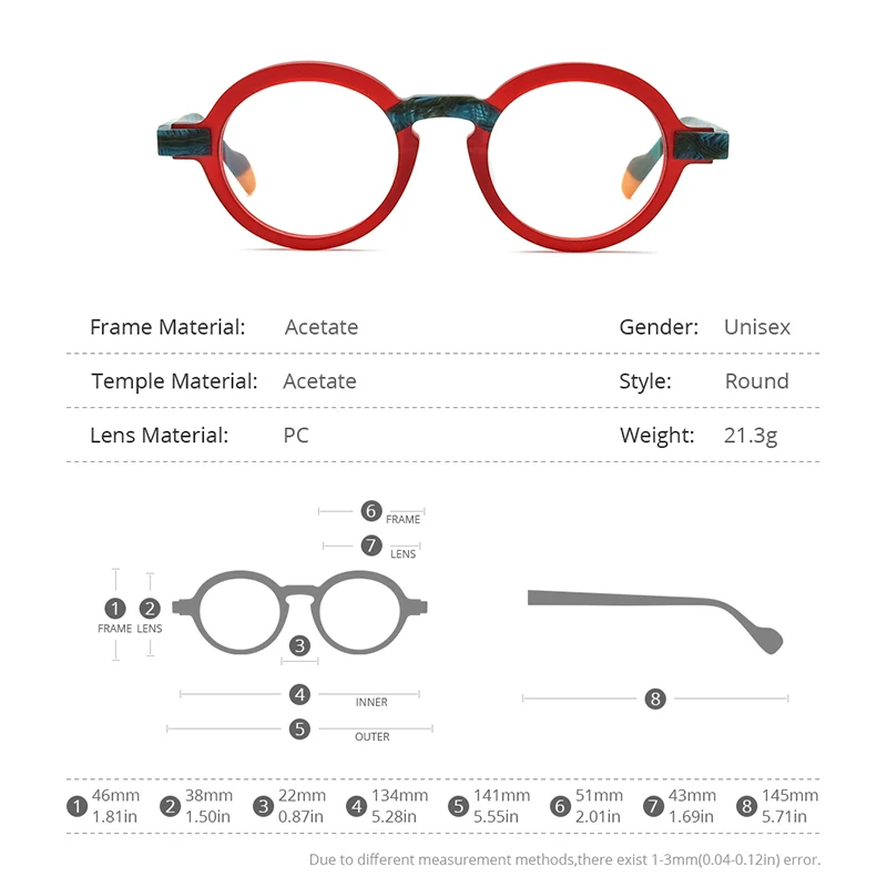 HEPIDEM-Gafas de acetato Multicolor para hombre y mujer, lentes redondas Retro mate, ópticas, 9233