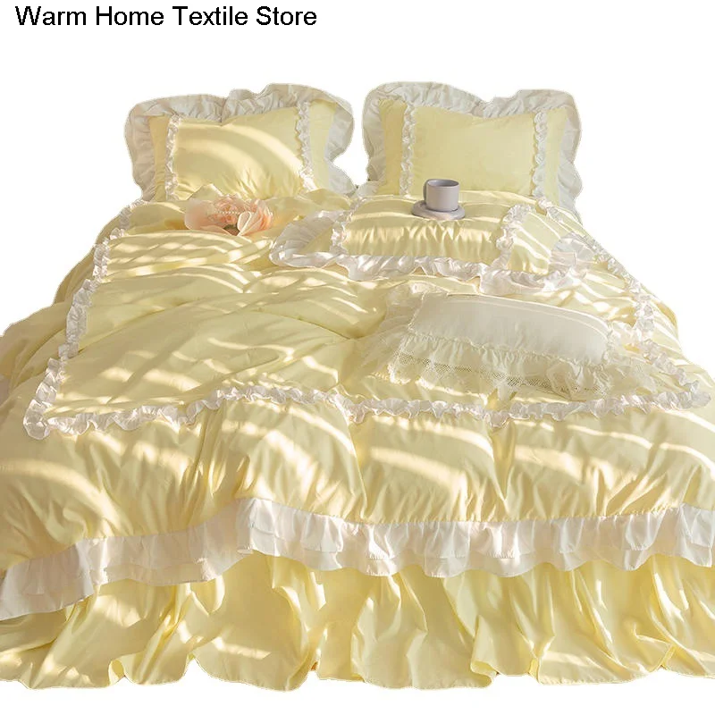 Koreaanse Ins-beddengoedset, Luxe Quilt Cover, Kussensloop Flat Lakens, Simple Girl Princess Ruffle Home Textiles