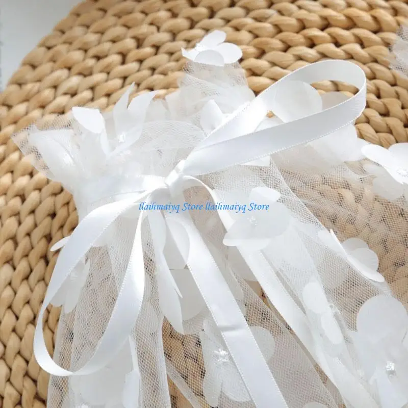 573B White Floral Lace Hand Sleeves with Sheer Mesh and Ribbon Ties for Women