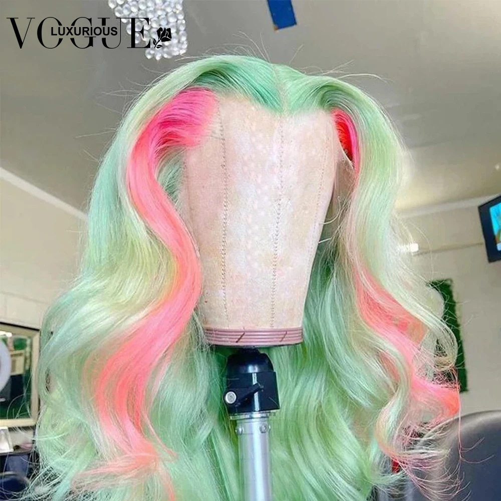 Wig rambut manusia renda depan transparan 13X4 berwarna hijau Mint merah muda sorot Wig rambut manusia penutupan renda gelombang tubuh Wig Remy Brasil dijual