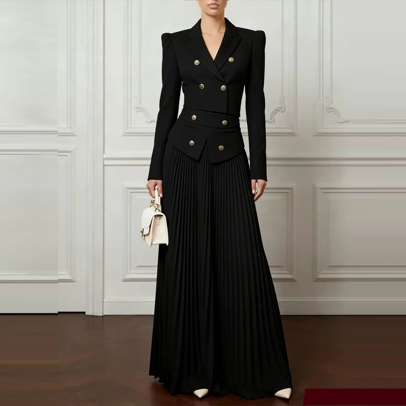 

Casual Long Sleeve Solid 2Pc Set Fashion Waist Long Skirt Outfits Elegant Lapel Button Blazer Coat & Pleated Skirts Suits