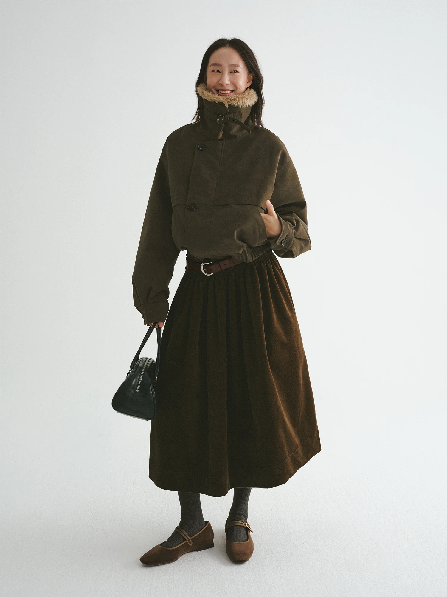 Retro odzież robocza lub zamszowa kurtka Jaet Un2024, nowość zimowa, odpinany kołnierz z futra, ciepła, damska moda, wysoki stan, pe