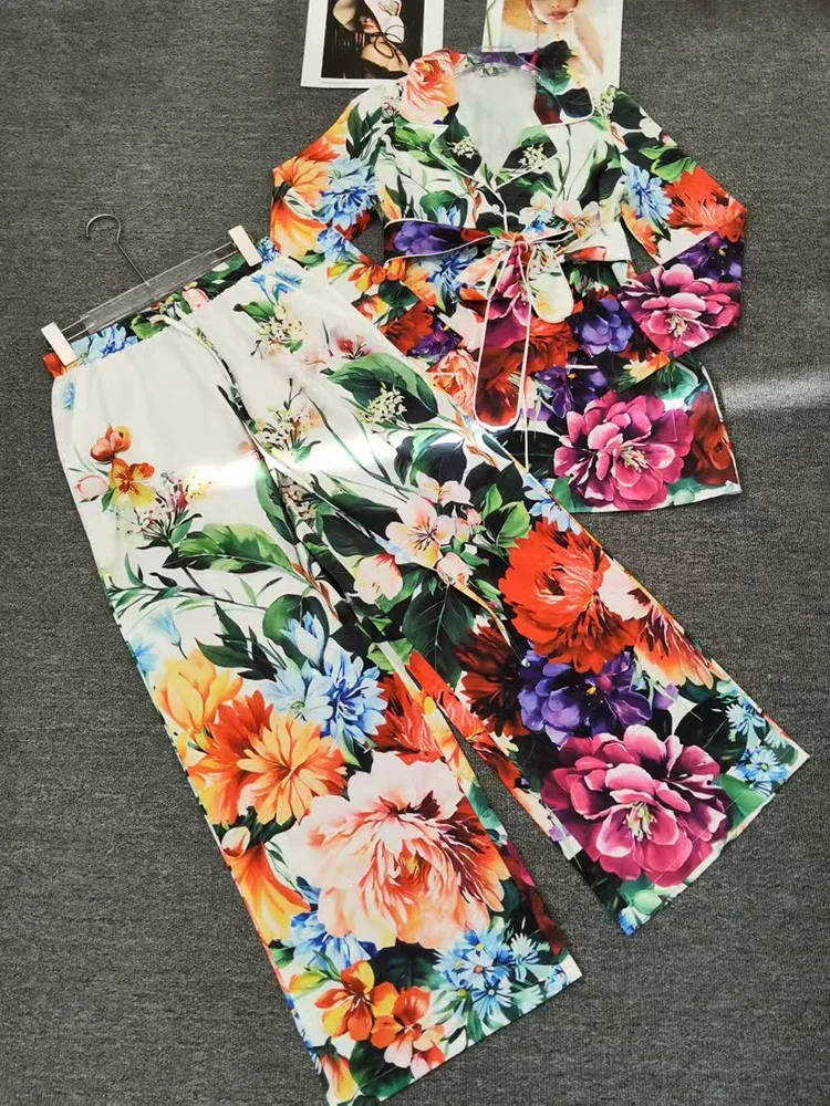 

Осень 202, женская пижамная рубашка с воротником в стиле ретро, комплект из двух предметов + шнурок с эластичной резинкой на талии, свободные широкие брюки, модный комплект