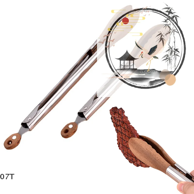 ملقط الطبخ، ملقط خشب الجوز، ملقط الطبخ، ملقط سلطة الجوز غير القابل للانزلاق من الفولاذ المقاوم للصدأ، ملقط خشبي أواني الطبخ #1