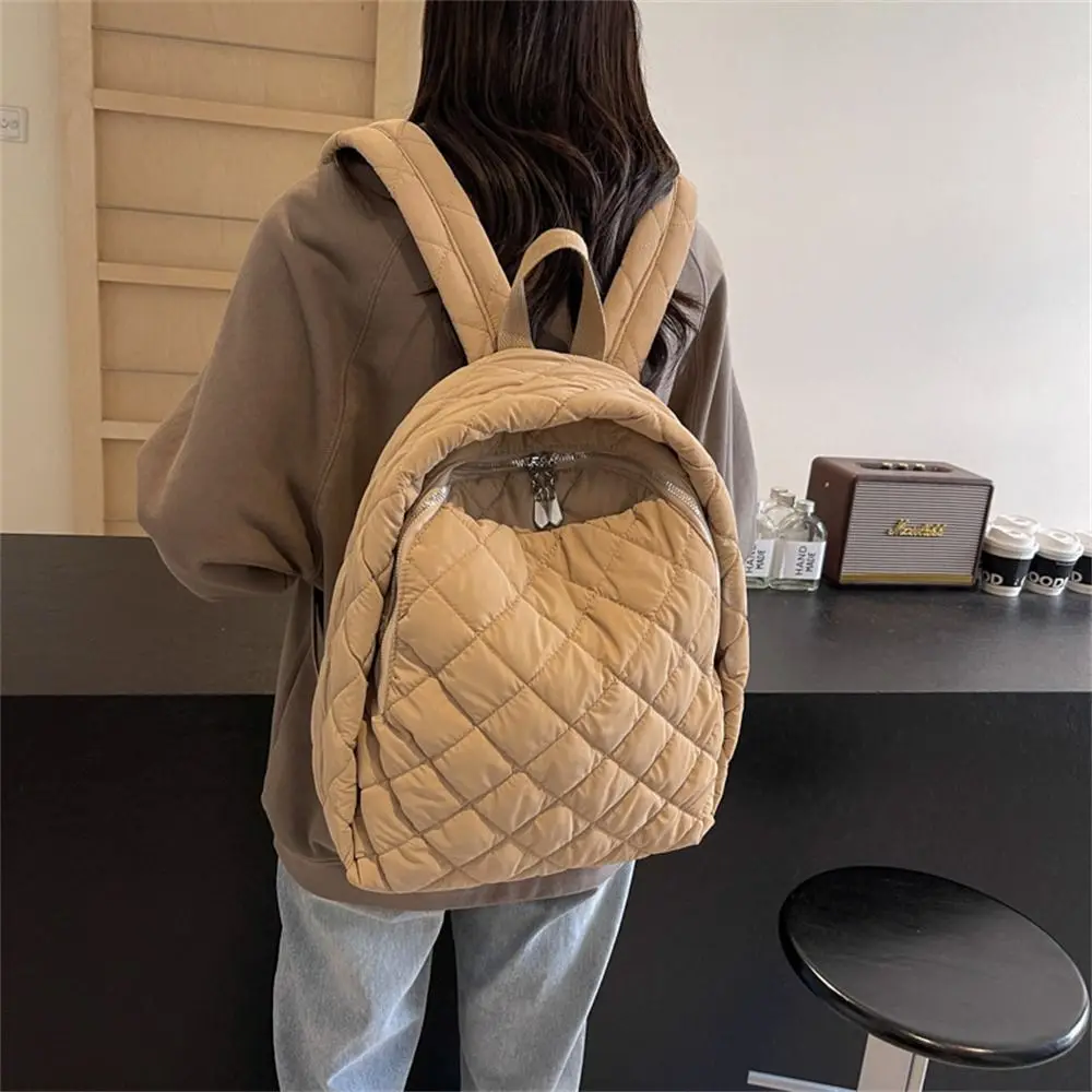 

Simple Down Cotton Padded Large Capacity Backpack Puffy Solid Color Schoolbag Lightweight Quilted Shoulder Bags for Women Girls