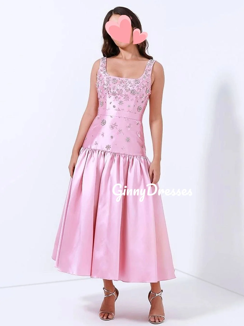 

Customized Evening Dress Woman Square Neckline A-Line Split Beadings Prom Dresses Ankle-Length Satin Zipper Up Sleeveless