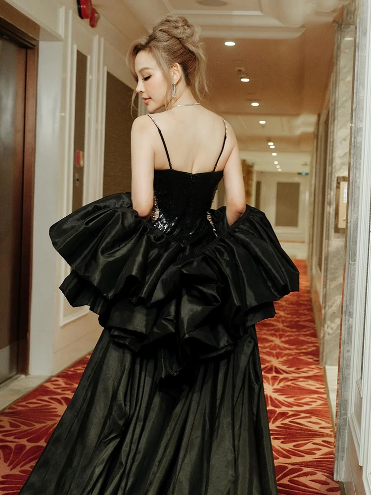 Sequins Chains Long Dress Black Backless Dress Spaghetti Straps Cut Out Elegant Maxi Cocktail Evening Party Gowns Vestido