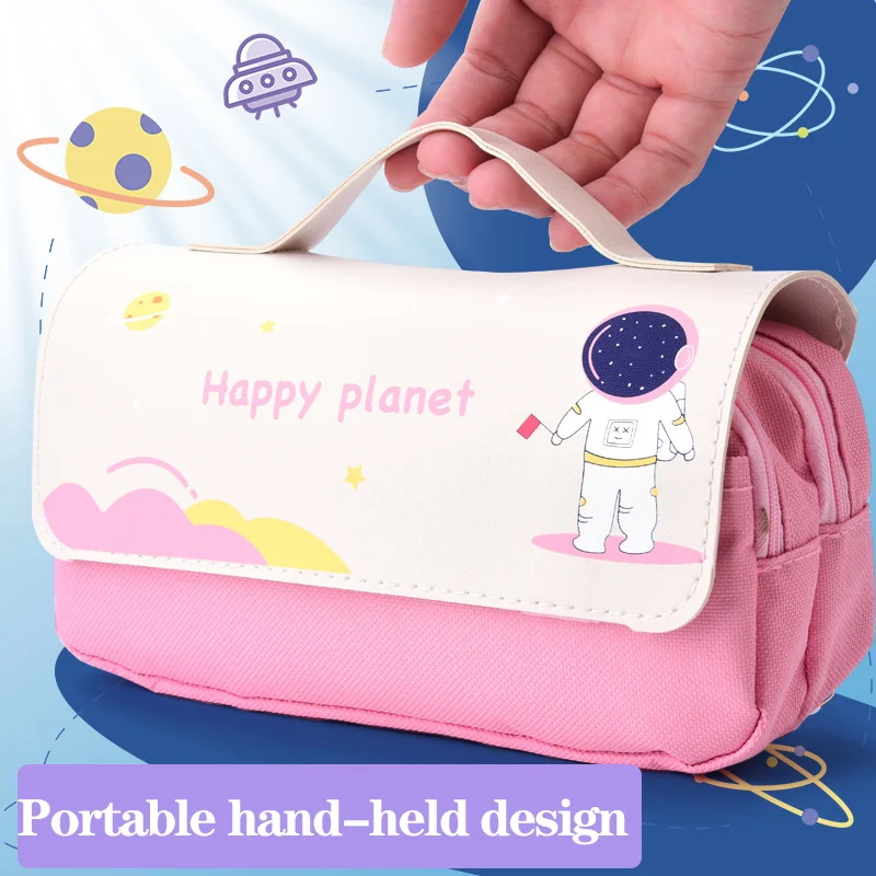 Kawaii Astronaut Pencil Case 3 Layers Large Capacity Pouch Waterproof Washable Leather Pen Box School Office Supplies Stationery