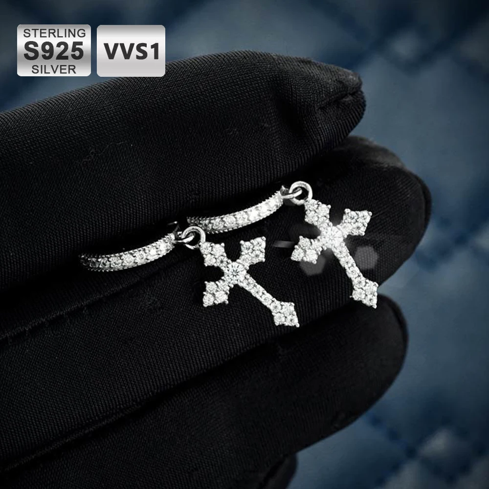 

ICEBLING Moissanite Cross Hoop Earring 925 Sterling Silver Women Hip Hop Accessory Wedding Anniversary Gift For Him Her