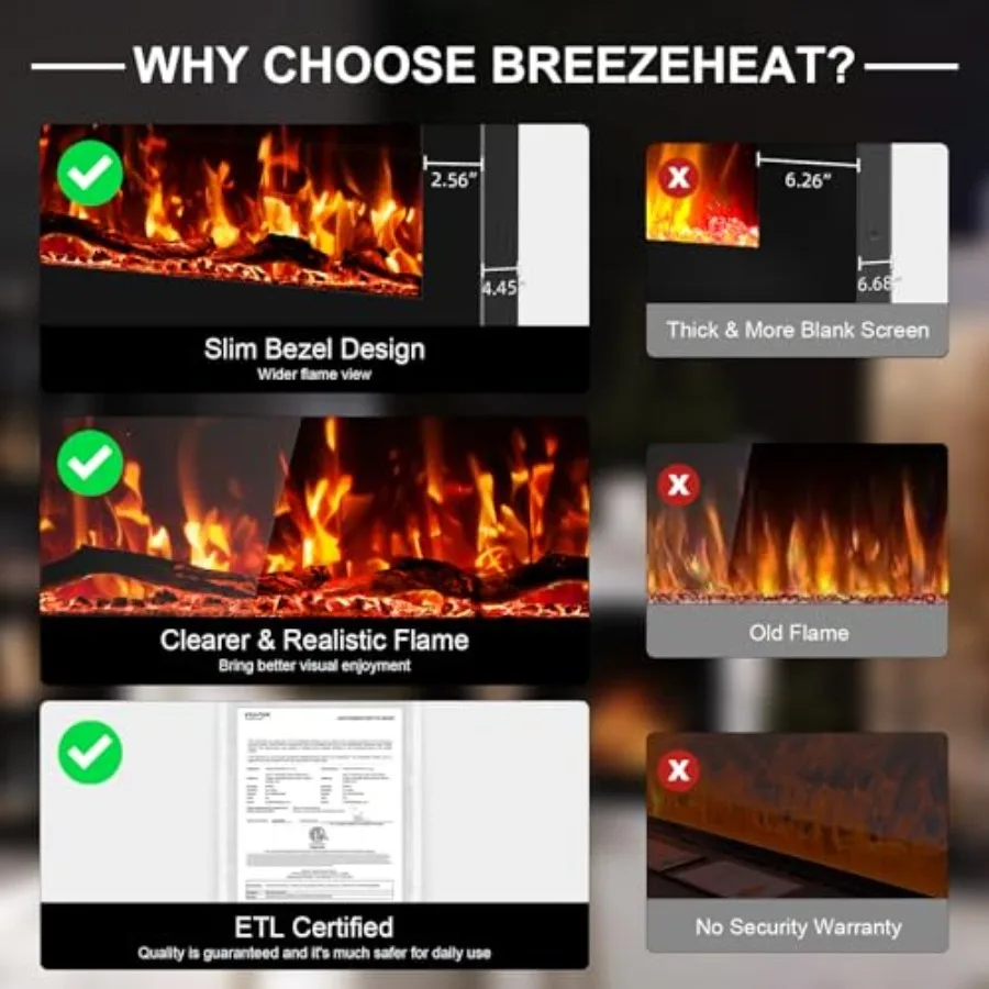 42 Inch Electric Fireplace Recessed and Wall Mounted Ultra Slim Linear Fireplace Heater with Realistic Log Design HD Lifelike F