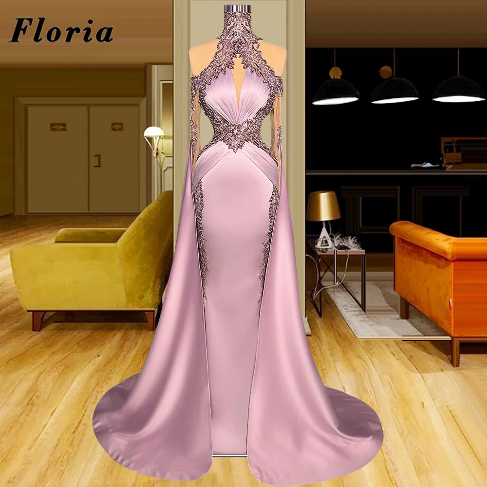 

Floria Purple Appliques Beading Prom Dresses Custom Made Long Sleeves Women Party Dress For Weddings Dubai Satin Evening Gowns