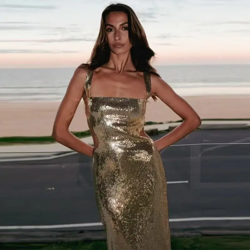 Sukienka bez ramiączek z cekinami dla kobiet, elegancka na imprezę, do klubu, na bankiet, dla gościa weselnego, dopasowana, z kwadratowym dekoltem, długa sukienka letnia 2026