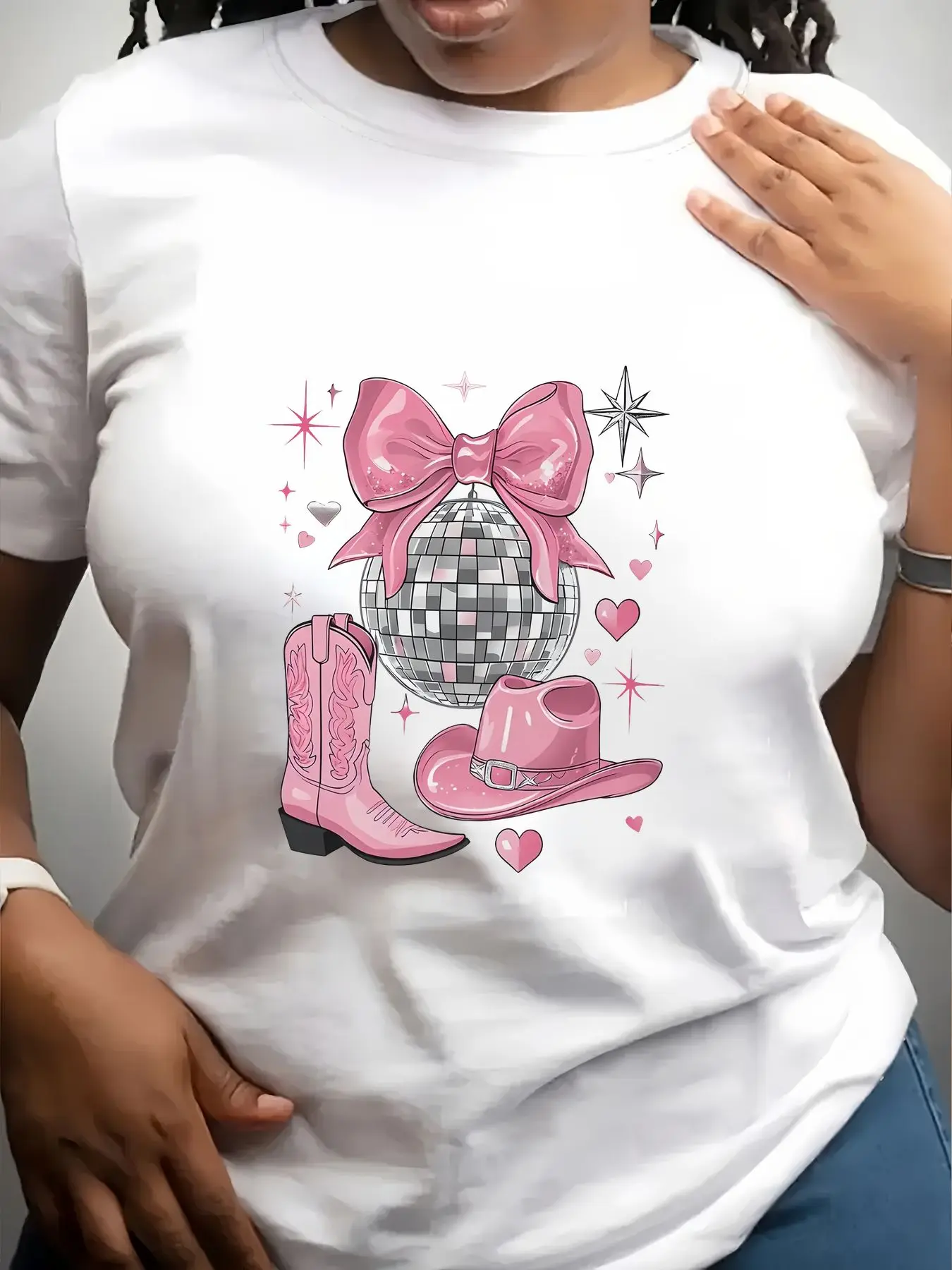 Women's Trendy Crew Neck T-Shirt Pink Disco Ball Cowboy Boots Suitable for Casual Sportswear