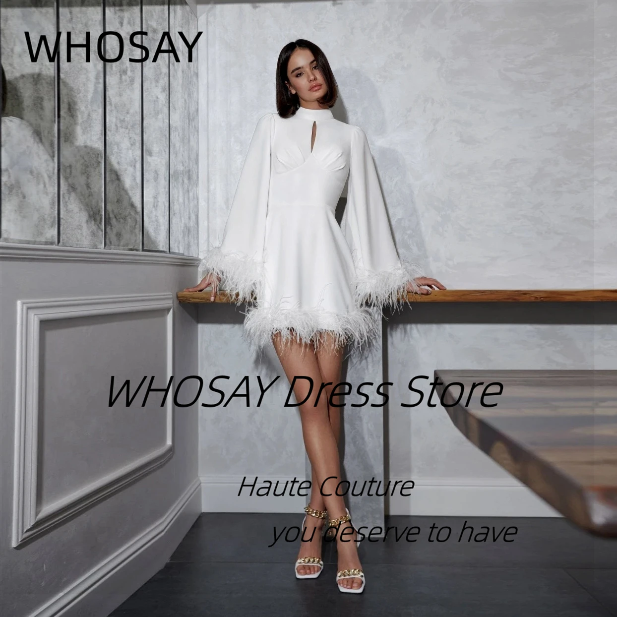 WHOSAY Luxury Feathers Short Prom Dresses High Collar Long Sleeves Cocktail Dress Buttons Sexy Back Evening Party Bridal Gowns