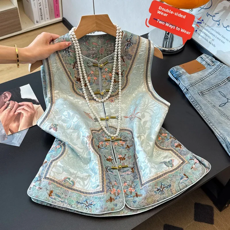 

Retro Chinese Style Double-Sided Wear Heavy Embroidery Floral Patterned Button up High Quality Hanfu Vest Traditional Costume