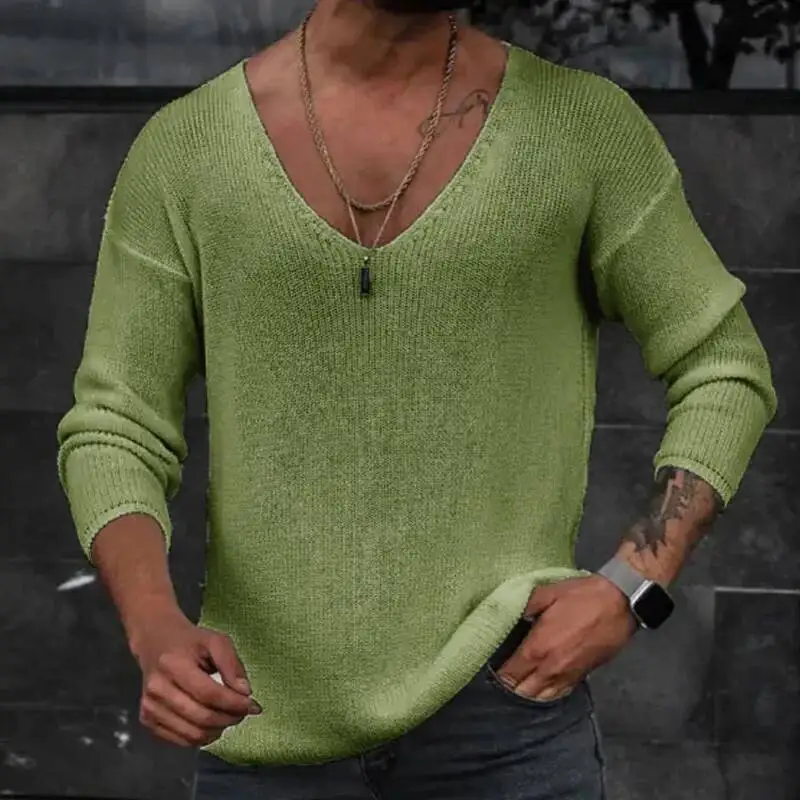 Men 2026 Spring V Neck Rib Bottoming T-Shirts Pullover Autumn Long Sleeve Slim Fit Tees Tops Simple Casual Plain Thin Knit Shirt