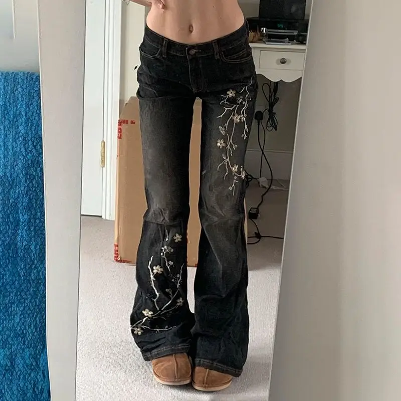 

Deeptown Vintage Floral Embroidery Women Flared Jeans Low Rise American Style Slim Denim Pants Y2k Streetwear Gyaru Trousers