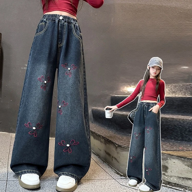 

High Quality Teens Girls Vintage Dark Blue Wide Leg Jeans with Pearl Flower Embroidery Kids Child Casual Baggy Denim Jeans Pants