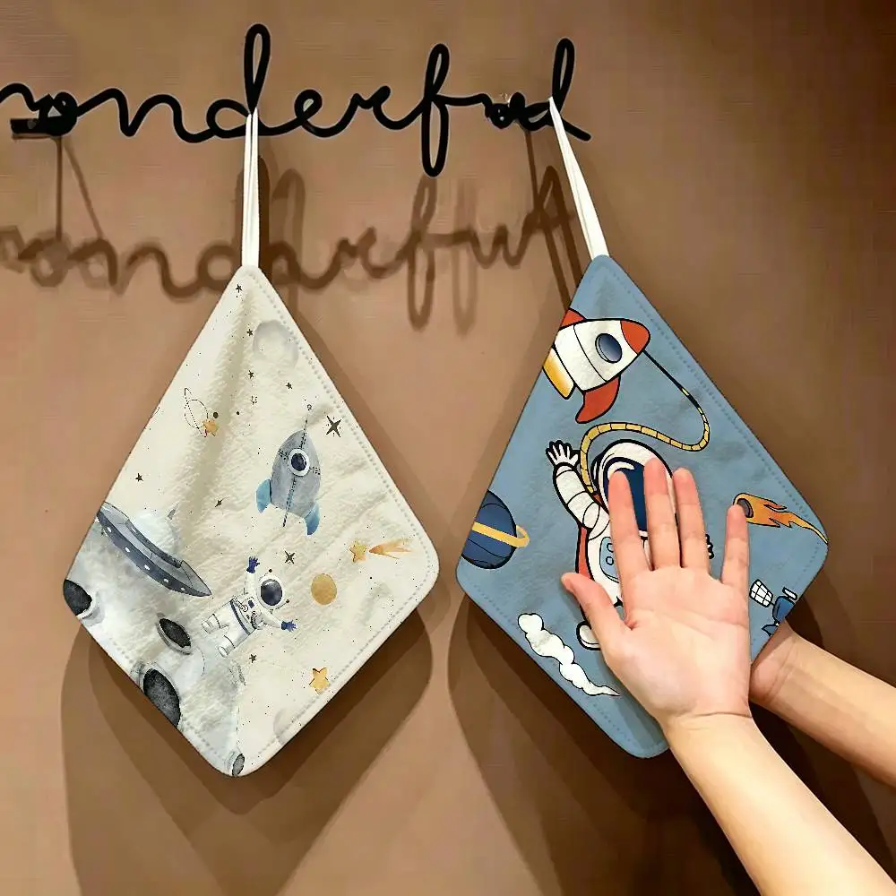 Rocket Astronaut Planets Stars Hanging Style Hand Wiping Towel, Polyester Cotton, Anti-fade For Indoor Kitchen Living Room