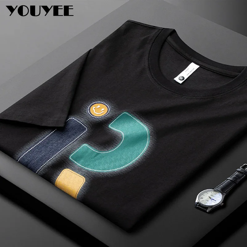 Summer New Light Luxury Short Sleeve T-shirt Men\'s Mercerized Cotton Slim Letter T-shirt Male Round Neck Fashion Clothes For Man