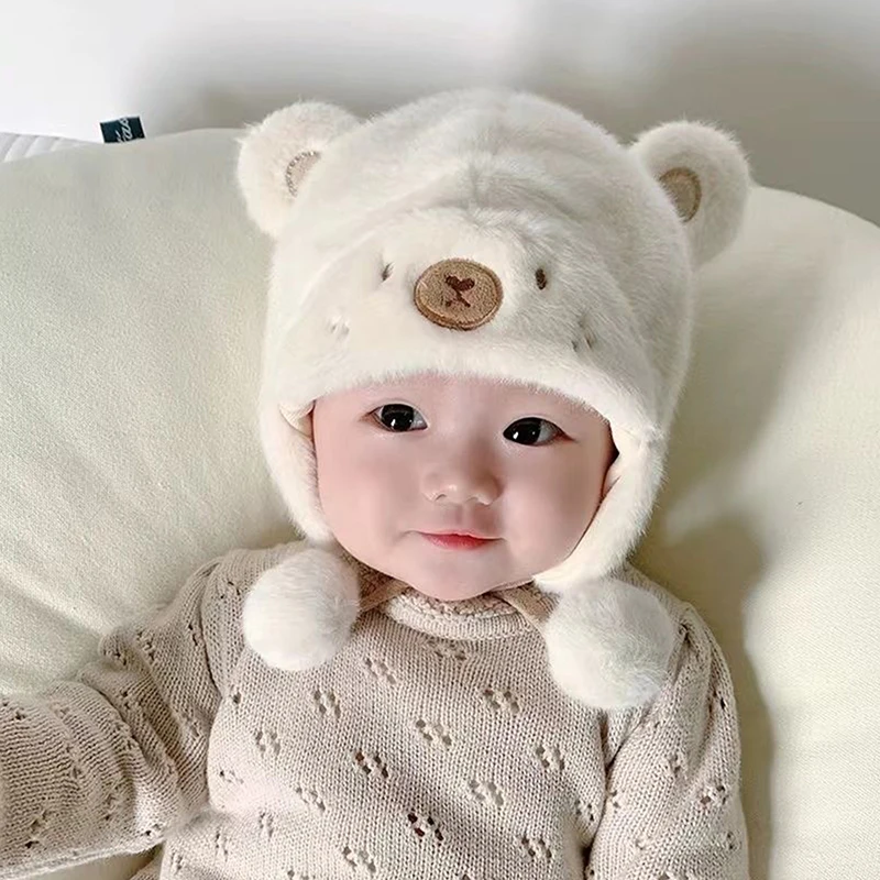 Cute Capybara Winter Warm Kids Girl Boys Hats Fleece Wool Hemming Caps With Ball Wool Ear Protection Hats Soft Newborn Bonnet