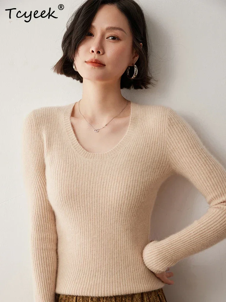 U-Neck 100% Cashmere Sweater Pullover Autumn Winter Women's Slim Basic Cashmere Knit Clothes Warm Strecth Versatile Inside Join