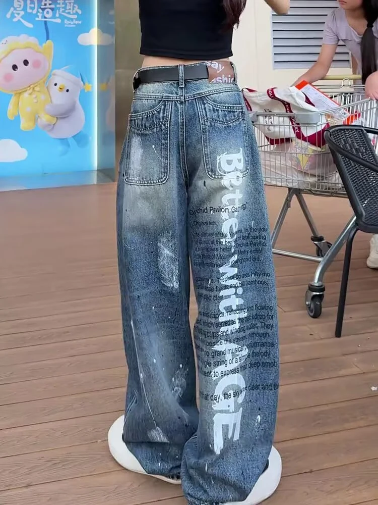 Women's Letter Print Pattern Denim Jeans Casual Pants Unisex Wide Leg Sweatpants Street Bottoms Female High Waist Loose Trousers