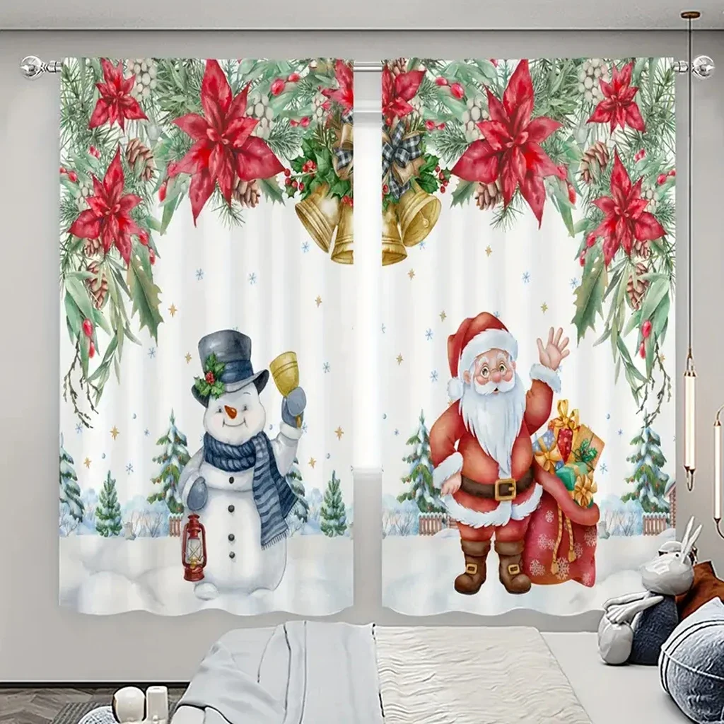 European Style Santa Claus Snowman Christmas Curtains for Living Room BedRoom Pink Flower Drapes for Bed Room & Kids Room