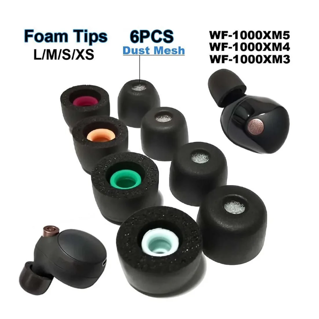 6PCS Replacement Memory Foam Ear Tips Cushion Earbuds For Sony WF-1000XM5 WF-1000XM4 WF-1000XM3 Eartips Anti Slip Earplugs