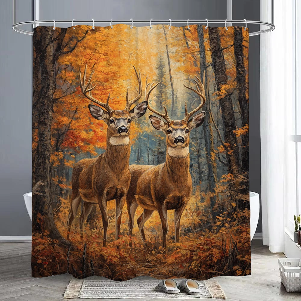 

1 шт. Декоративная шторка для душа с изображением лесного пейзажа и оленя, для ванной комнаты, с крючками, для дома