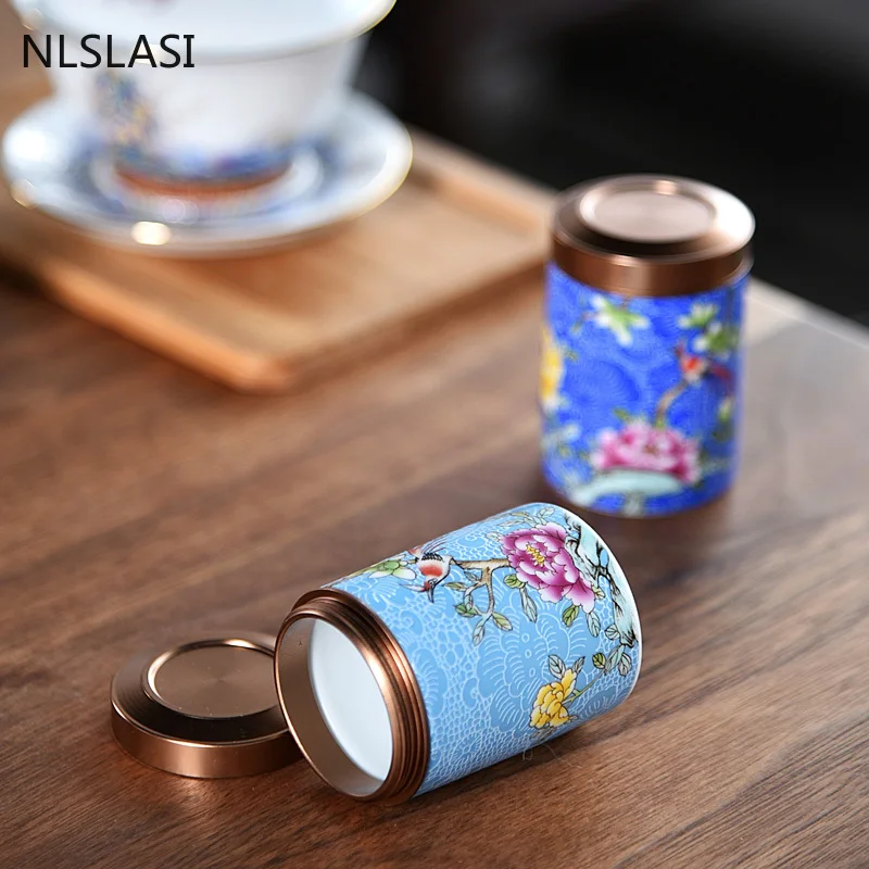 المحمولة المينا زهرة و الطيور نمط السيراميك الشاي العلبة السفر كيس شاي مختومة الشاي جرة القهوة مسحوق التوابل تخزين خزان