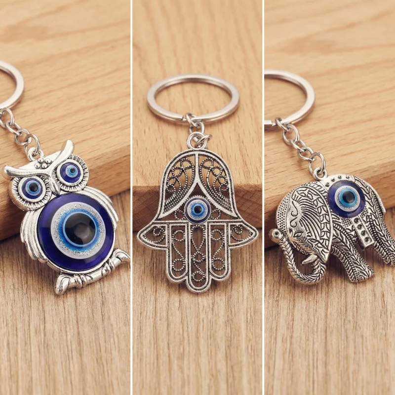 Good Luck Nazar Blue Eye Keychain Vintage Silver Owl Elephant Fatima Hand Pendant Keyring Talisman Jewelry Gift For Men Women