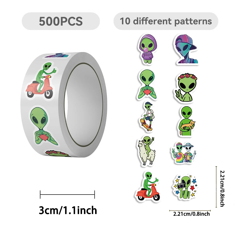 500pcs Cartoon Alien Cute DIY Waterproof Reward Decoration Phone Case Water Cup Guitar Luggage PVC Roll Stickers view 3
