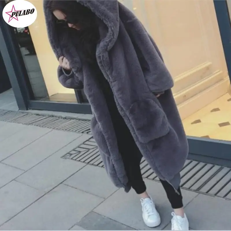 

PULABO Oversized Winter Warm hooded Large size Long Solid color Faux Fur Coat Casual Long sleeve Women Fur Jacket Outwear