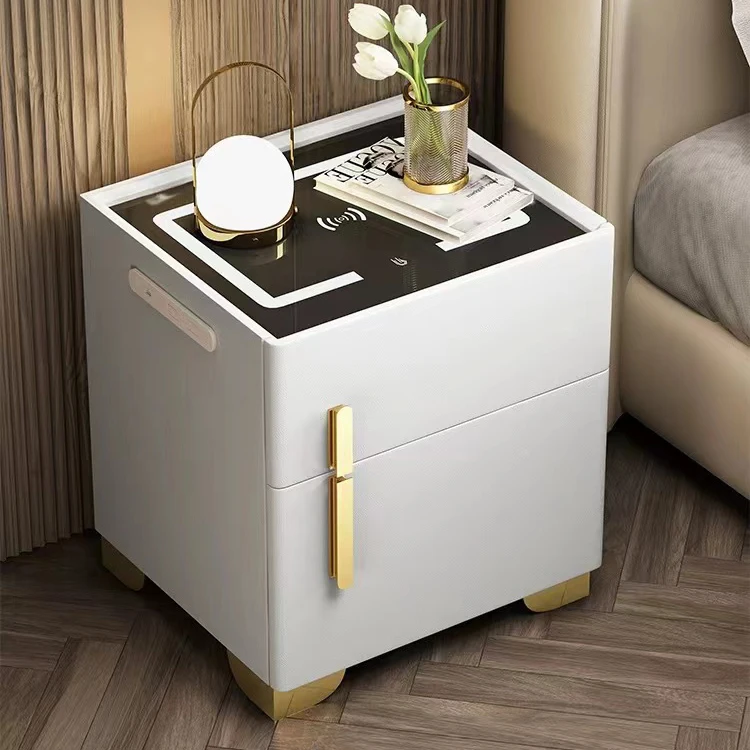 طاولة بجانب السرير الذكية الفاخرة الحديثة مع أضواء LED شحن لاسلكي USB، مكبر صوت آمن، خزانة تخزين خشبية لغرفة النوم #2