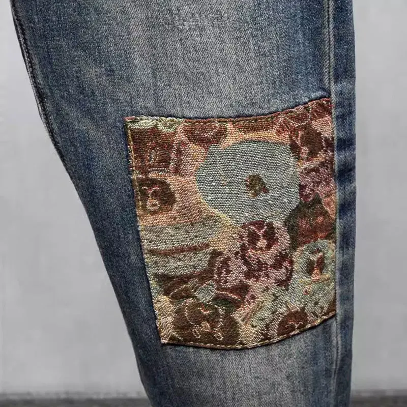 Fashion Streetwear Men Jeans Retro Washed Blue Stretch Slim Fit Ripped Jeans Men Patched Designer Hip Hop Denim Pants Hombre