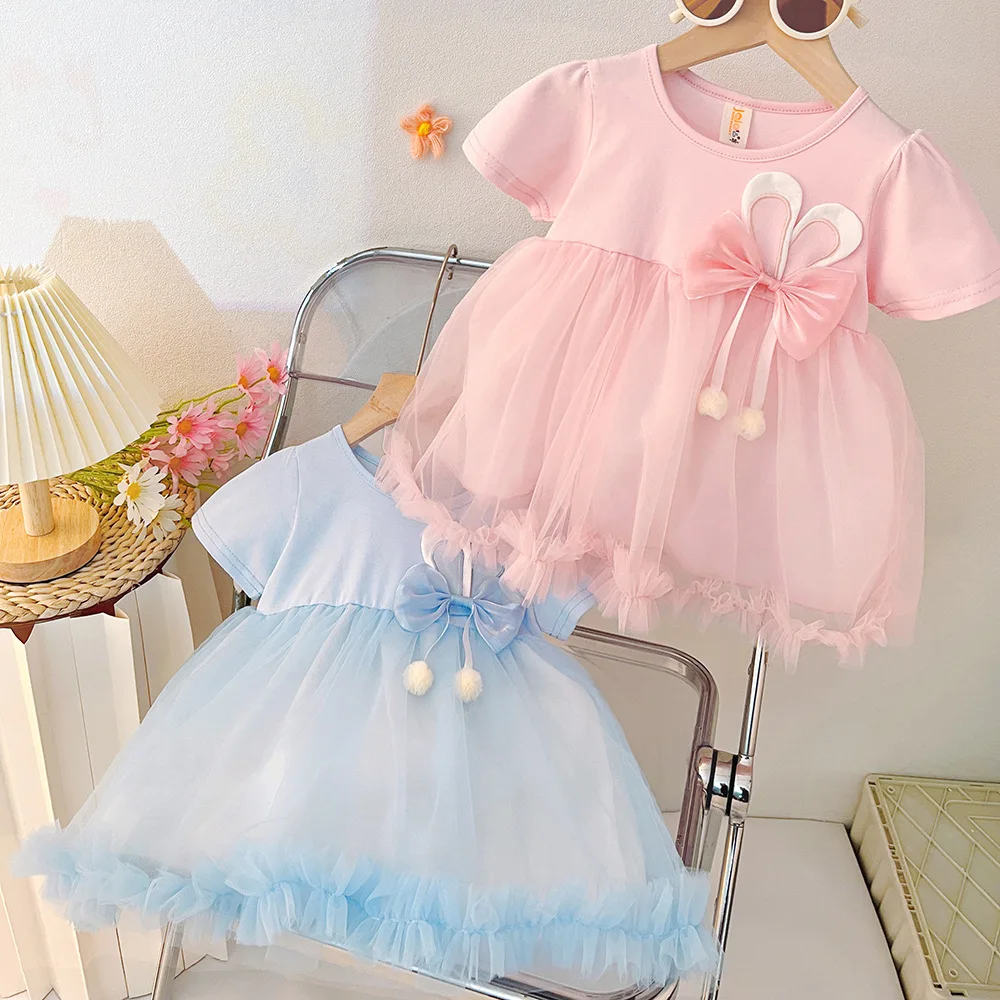 

Baby Girl Princess Dress, Summer New Sweet Rabbit Ear Bow Children'S Short Sleeved Clothes Suitable For Babies Aged 6-24 Months