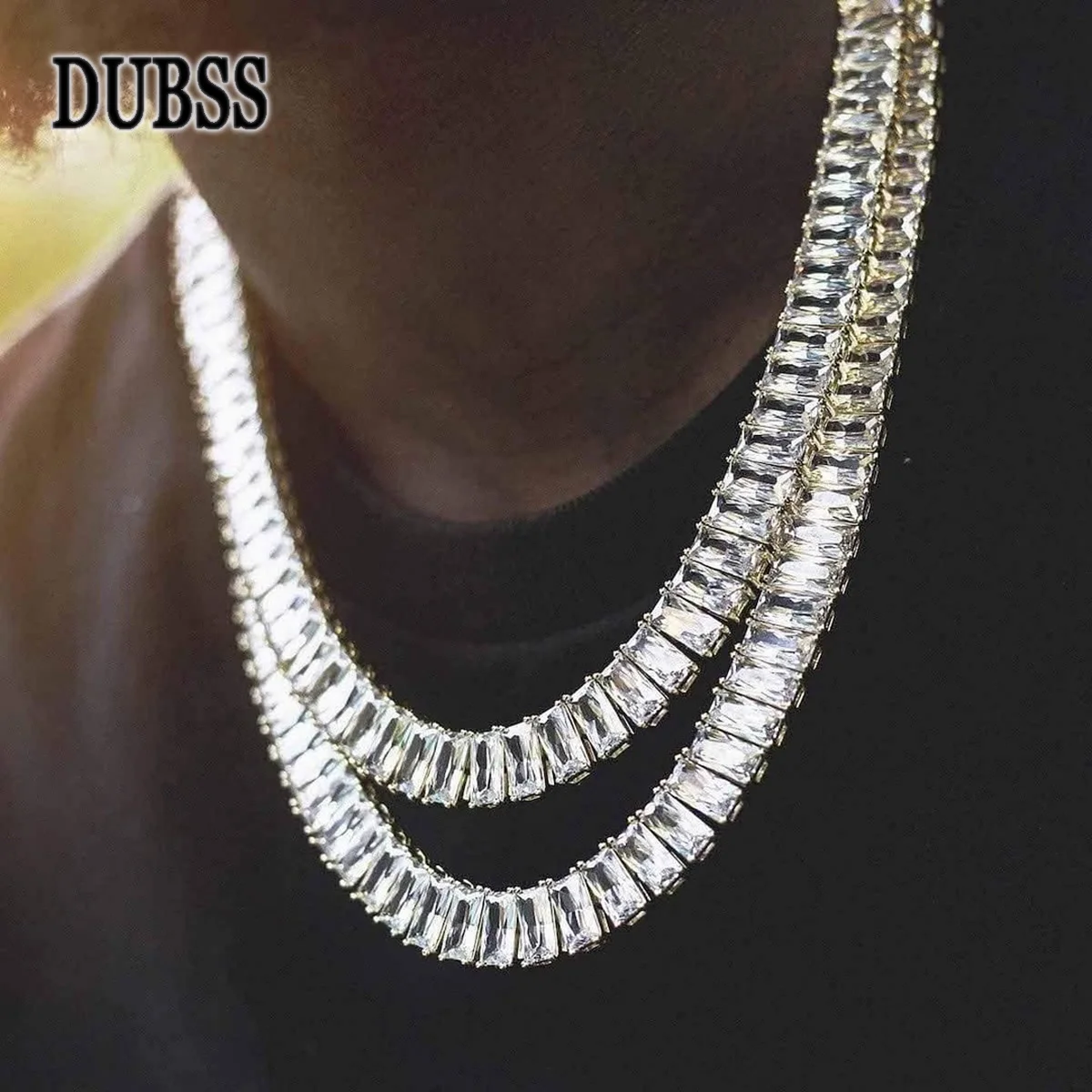 

DUBSS Men Necklace Choker Baguette Chain Gold Color Hip Hop Jewelry Real Copper Bling Street Rock Christmas Gift