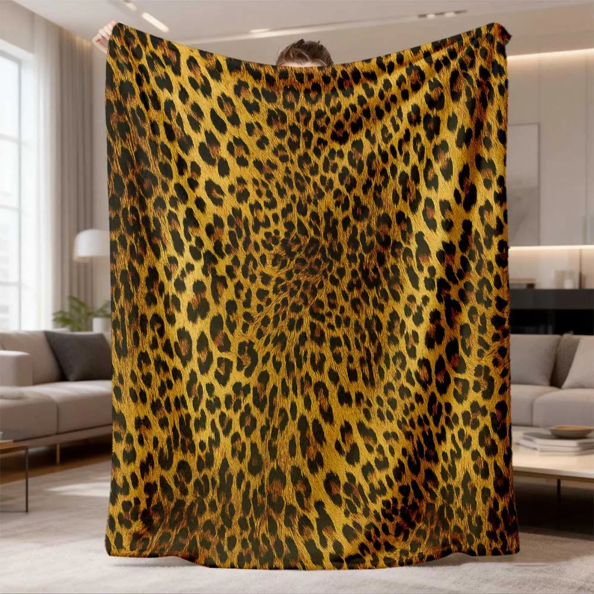 Classic Golden Brown Leopard Fur Texture Print Flannel Blanket Soft Throw For Sofa Bedroom Indoor Daily Home Warm Gift