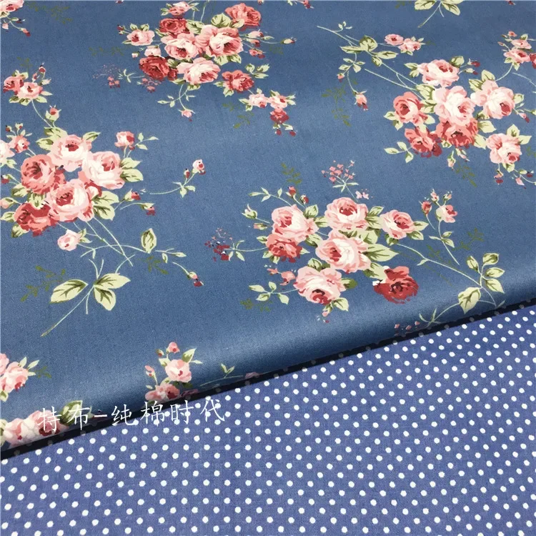 Dark Blue Floral Rose Cotton Design Tissues, DIY Sewing Craft Cloth, Patchwork Quilts, 160x50cm, High Quality