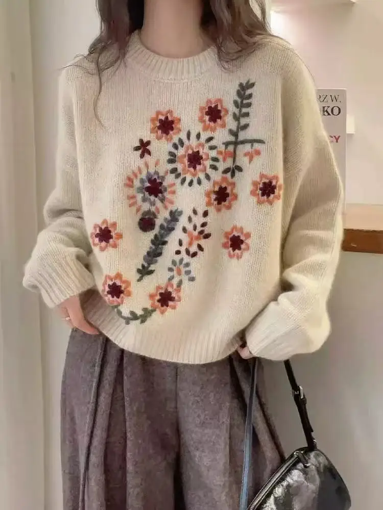 

High Quality Fashion O-Neck Flower Embroidery Wool Knitted Pullover Women's Autumn Winter Sweet Loose Beautiful Sweater Tops