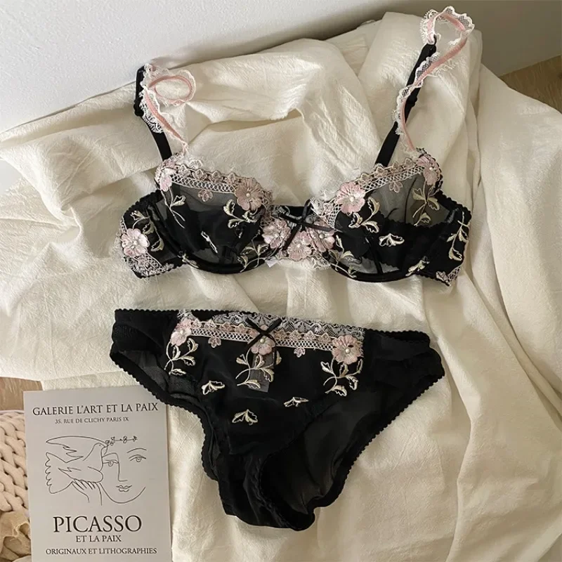New Arrival Luxury Pure Desire Lace Tulle Sexy Panties Lingerie Set Lilacs Embroidery Girl Boobs Big Size Big Boobs Small - Image 3