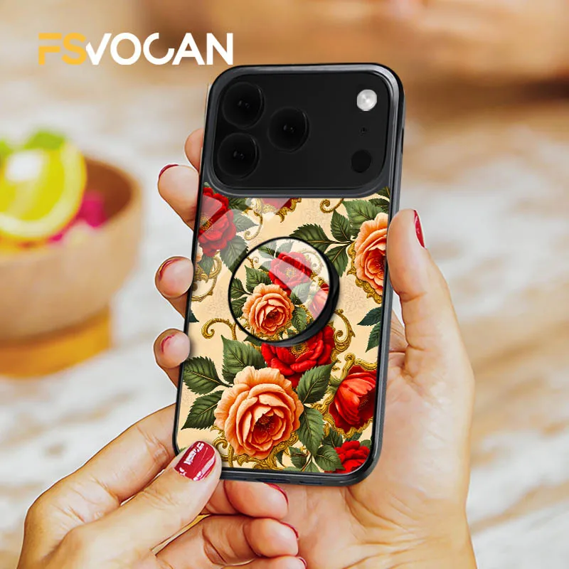 Fundas de teléfono con soporte barroco florulento Magenta Cosmo con protección de teléfono elegante para iPhone 17 16 15 14 13 12 11 18 Pro Max