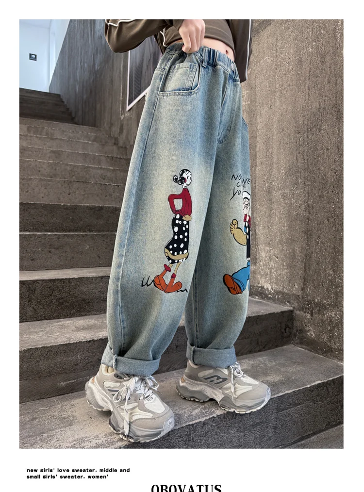 Frühlings-Kinder-Retro-Jeans in Blau mit Marken-Cartoon-Print für Mädchen, Lässige, Lose, Gerade Geschnittene Denim-Hose, Kinderhose mit Hoher Taille – Detail 5