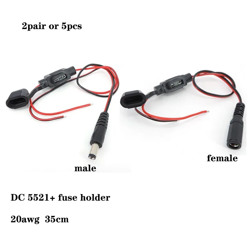 DC 5.5x2.1 Male female Cable Plug Waterproof 20awg 5A Fuse Block To Open End With Fuse Seat Flexible Wire DC Power Pigtail cord