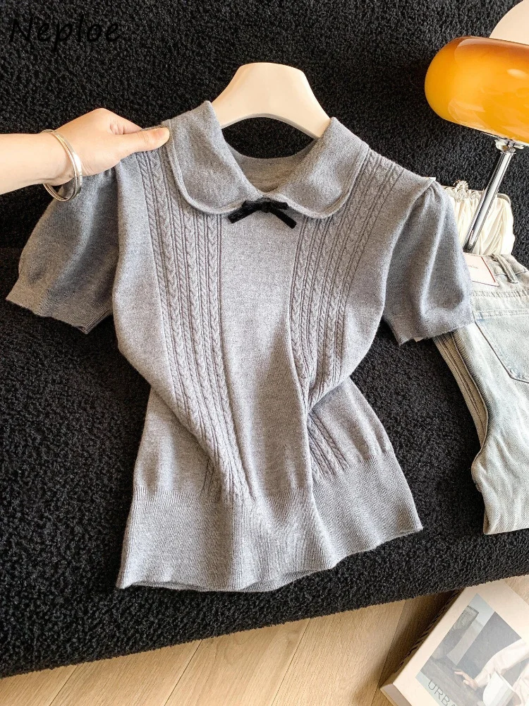 Korea Chic Sweet Peter Pan Collar Knit T-shirt New Minority Moda Slim Top Female Age Reduction Elegant Casual Ropa Mujer